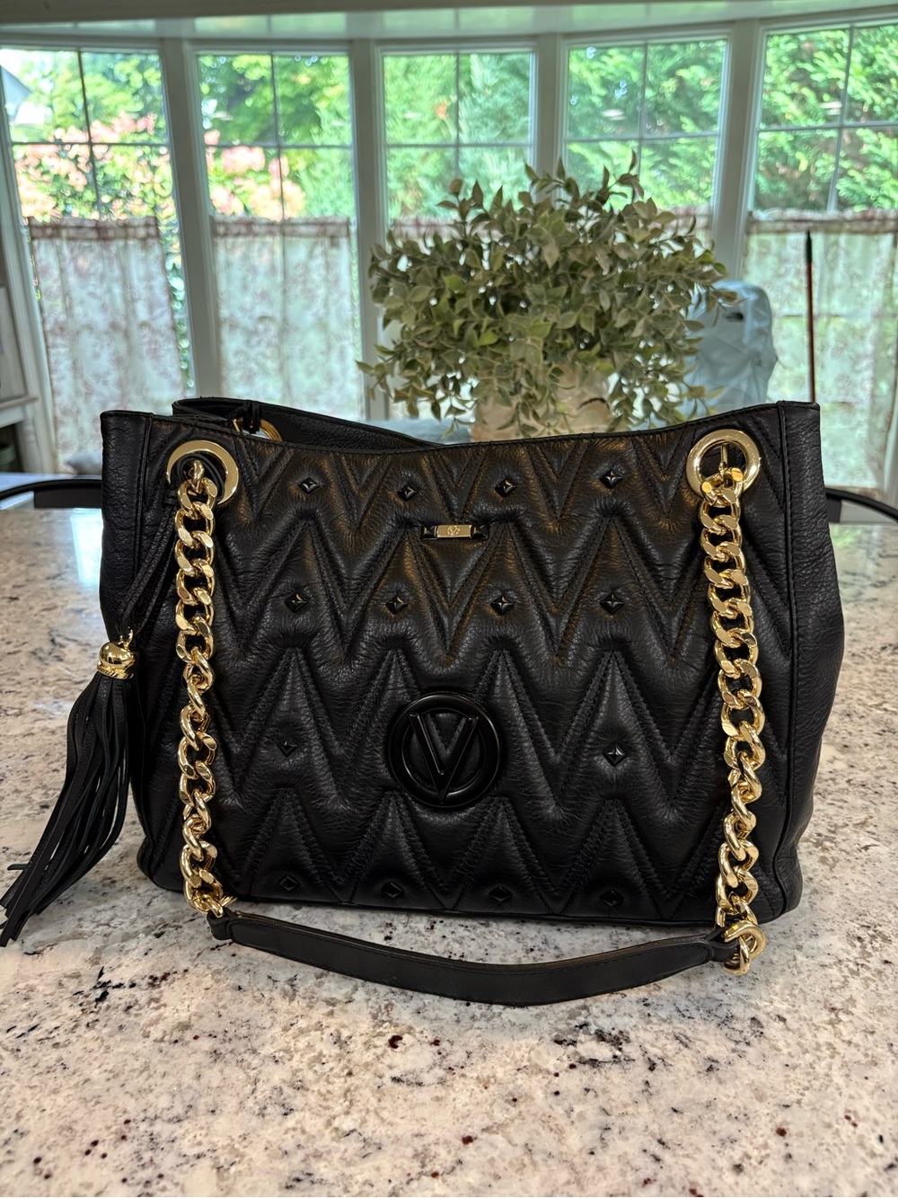 Valentino Black Quilted Leather Shoulder Bag with Gold Chain